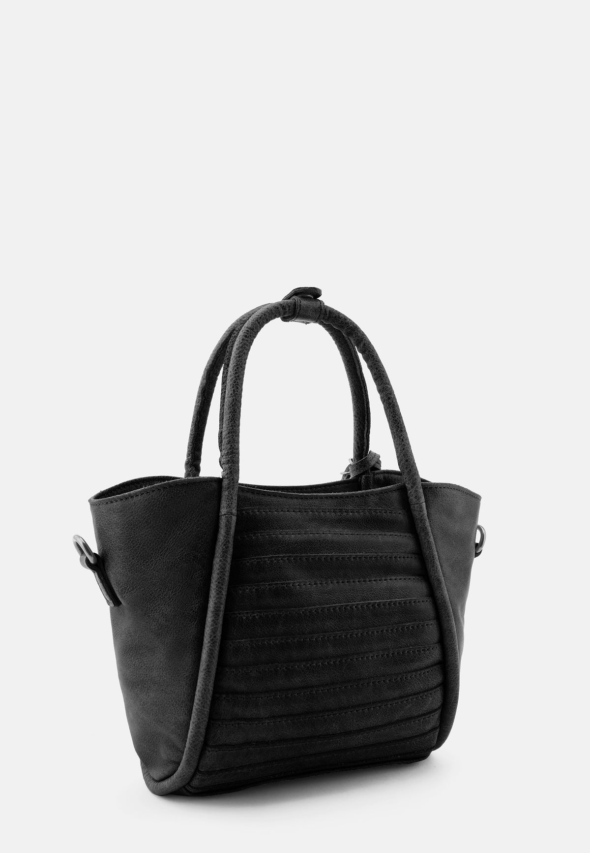 Schwarze Tote-Handtasche mit kurzem Griff, Frontfalten und seitlichen Metallösen