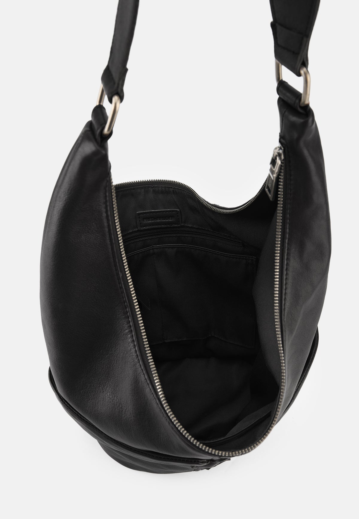 Hobo-Tasche, schwarz, offen mit Innenfach und sichtbarem Reißverschluss am Rand