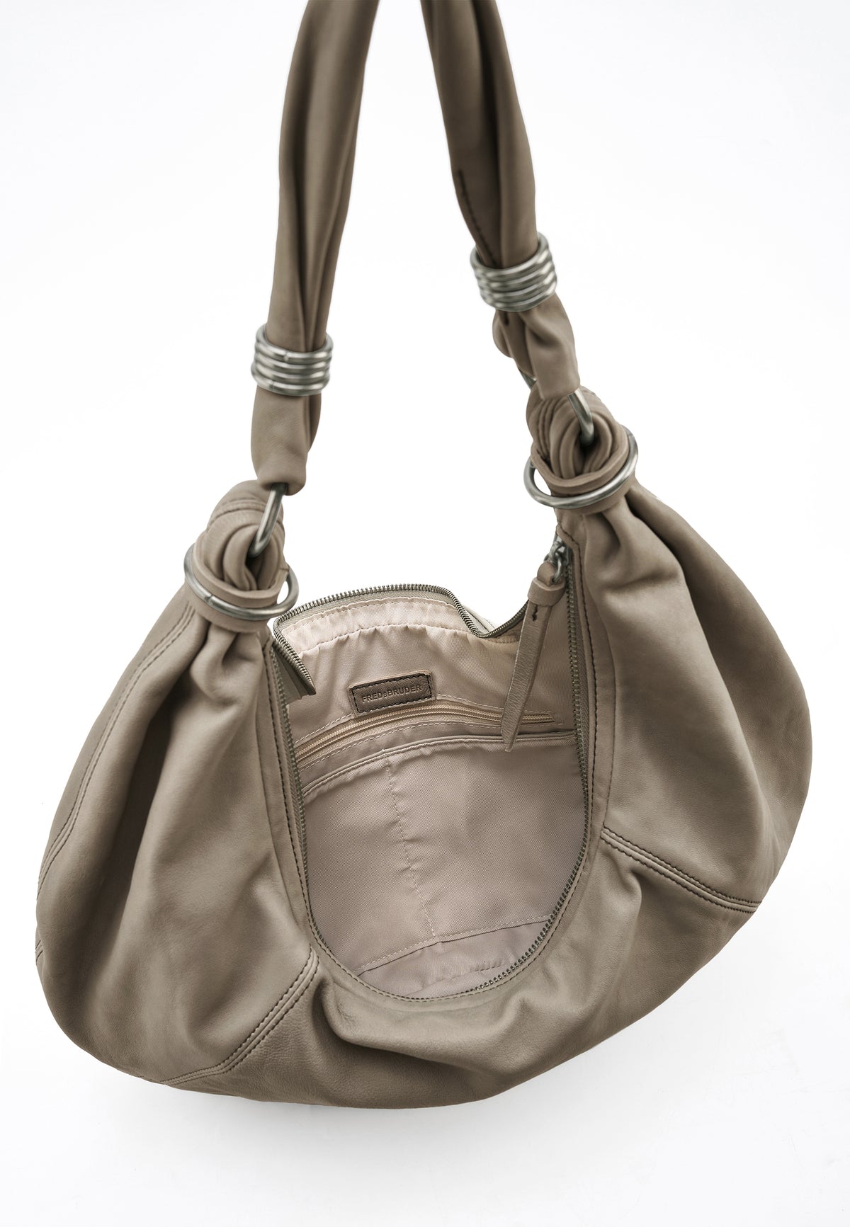 Schultertasche Big Hobo, khaki, Detail mit Innenfach und Reißverschluss