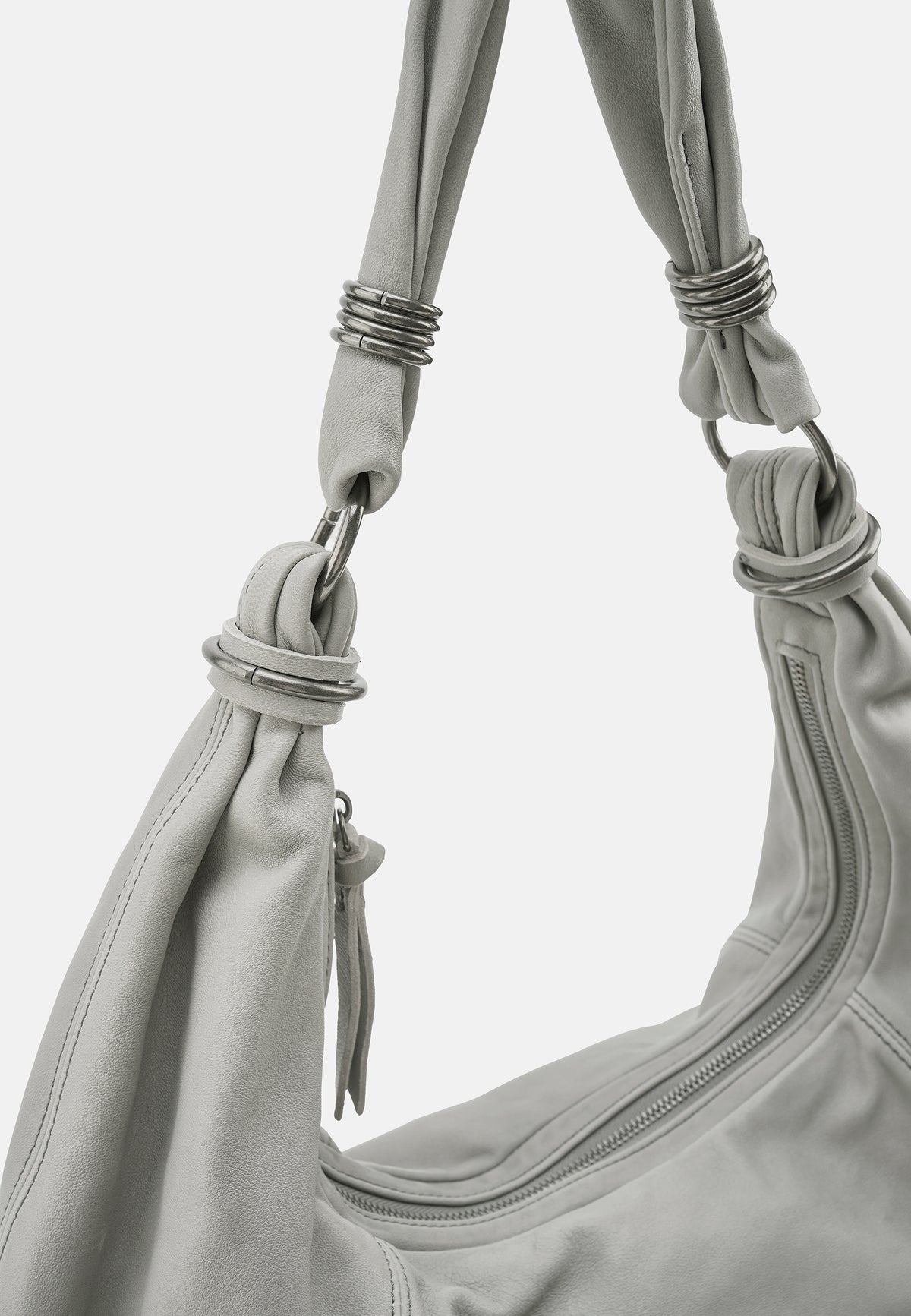Always With You Big-Hobo-Tasche hellgrau, Reißverschluss und geflochtene Kordelhenkel