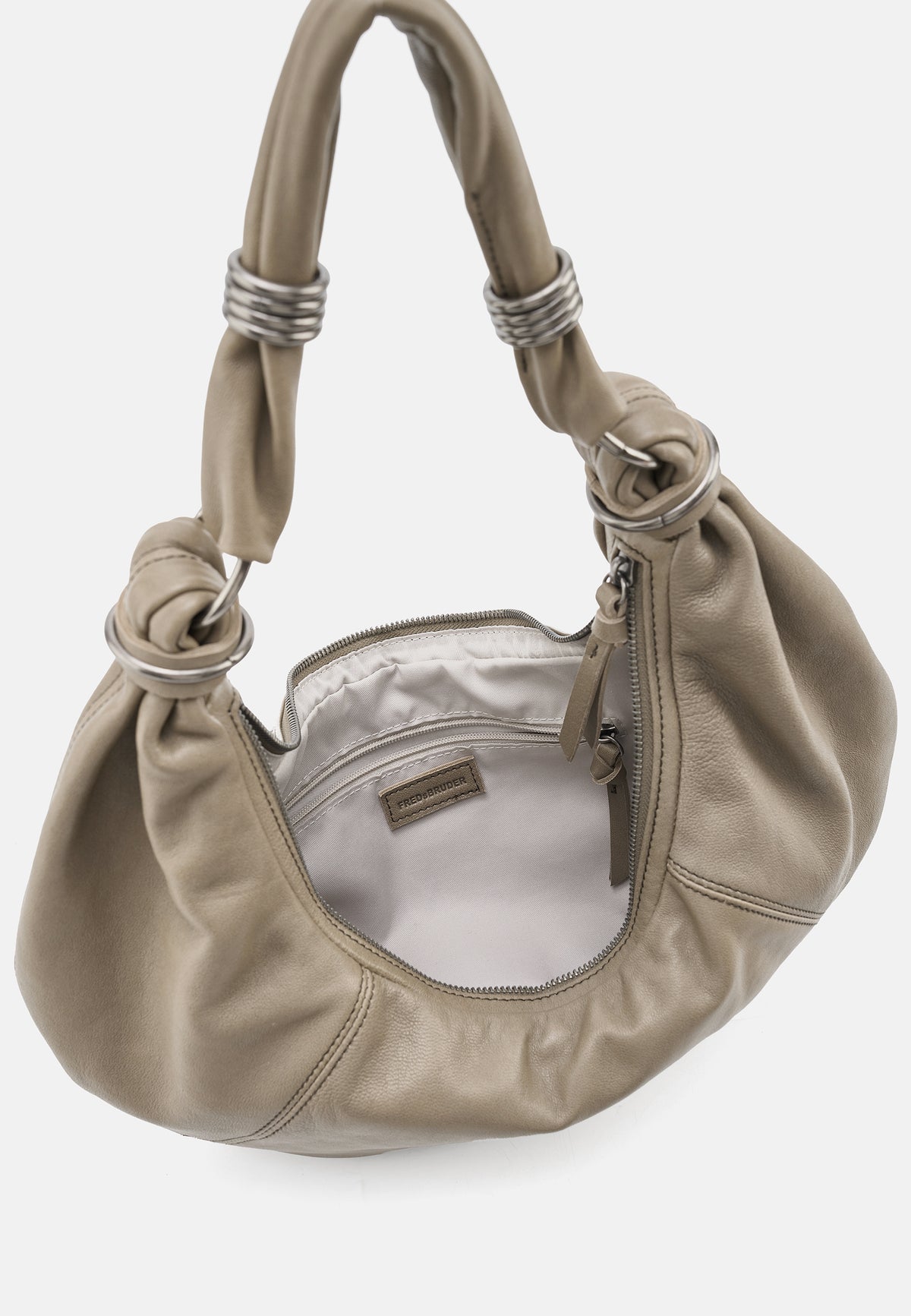 Matschiges Khaki Hobo-Tasche mit offenem Innenfach, Reißverschluss und hellem Futter