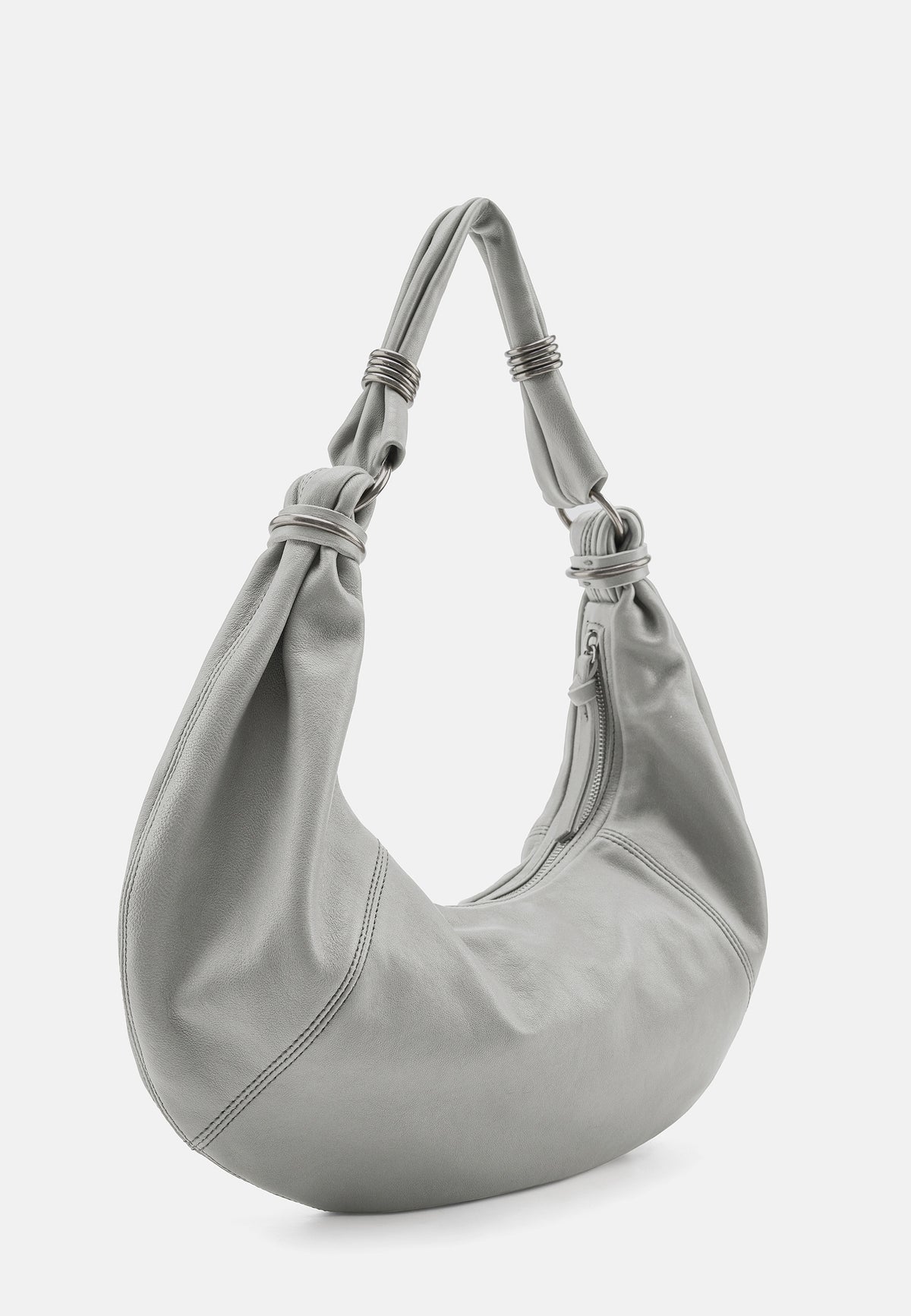 Hellgraue Hobo-Tasche mit zwei Knoten-Trageriemen und Reißverschluss