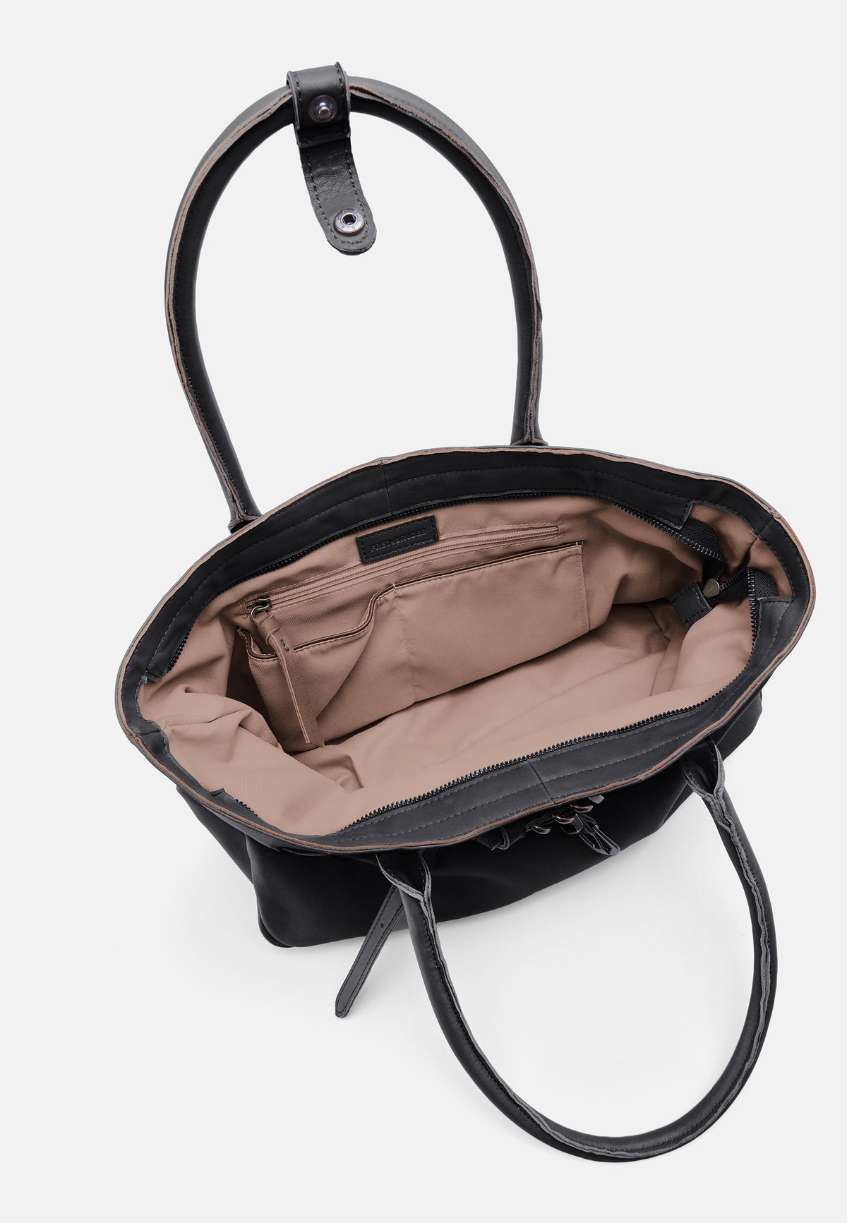 Schwarze Shopper-Tasche, offen mit Innenfach und Zangenösen an den Griffen