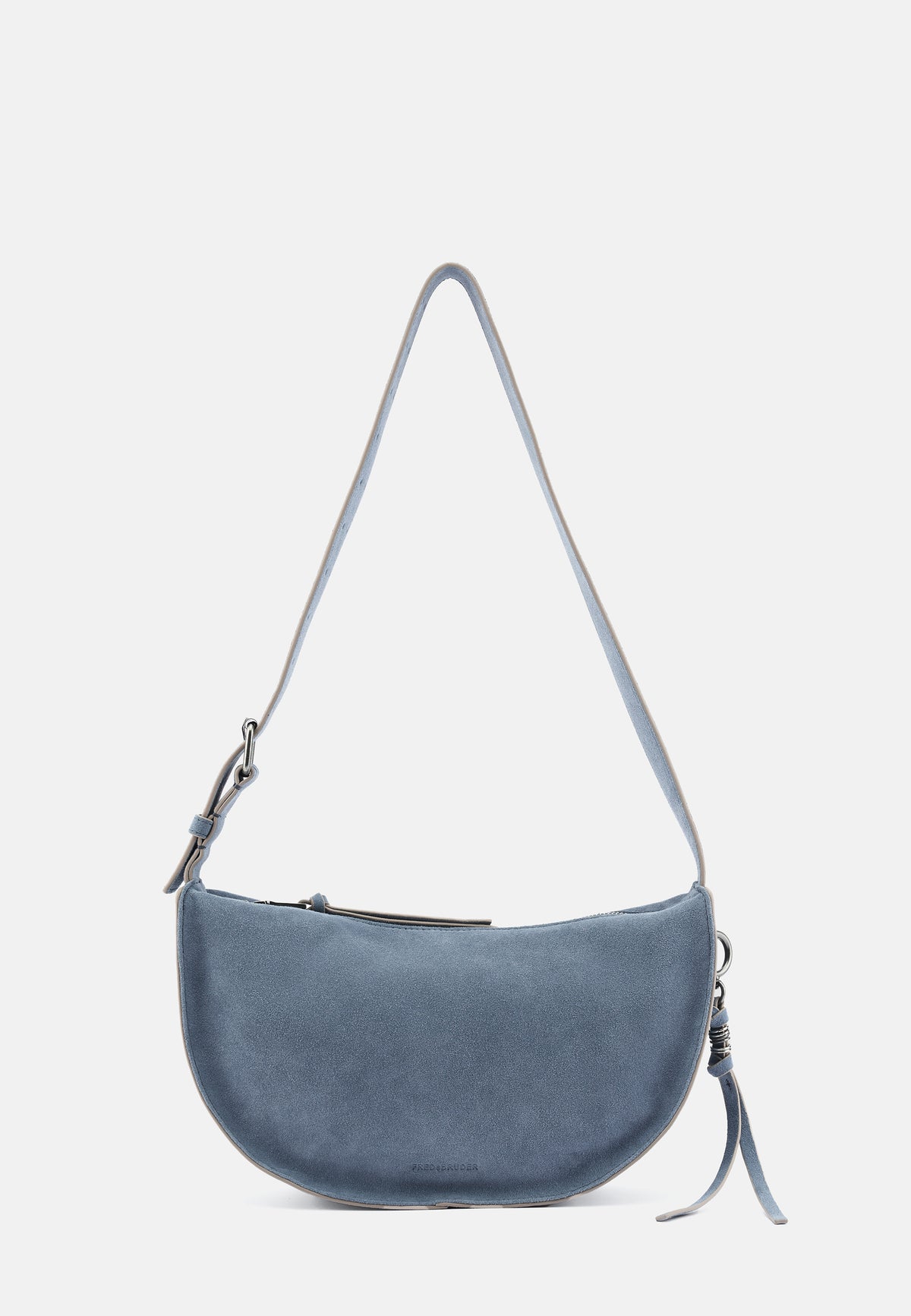 Midi-Schultertasche aus Lederoptik in Denimblau, halbmondförmig, mit abnehmbarem Anhänger