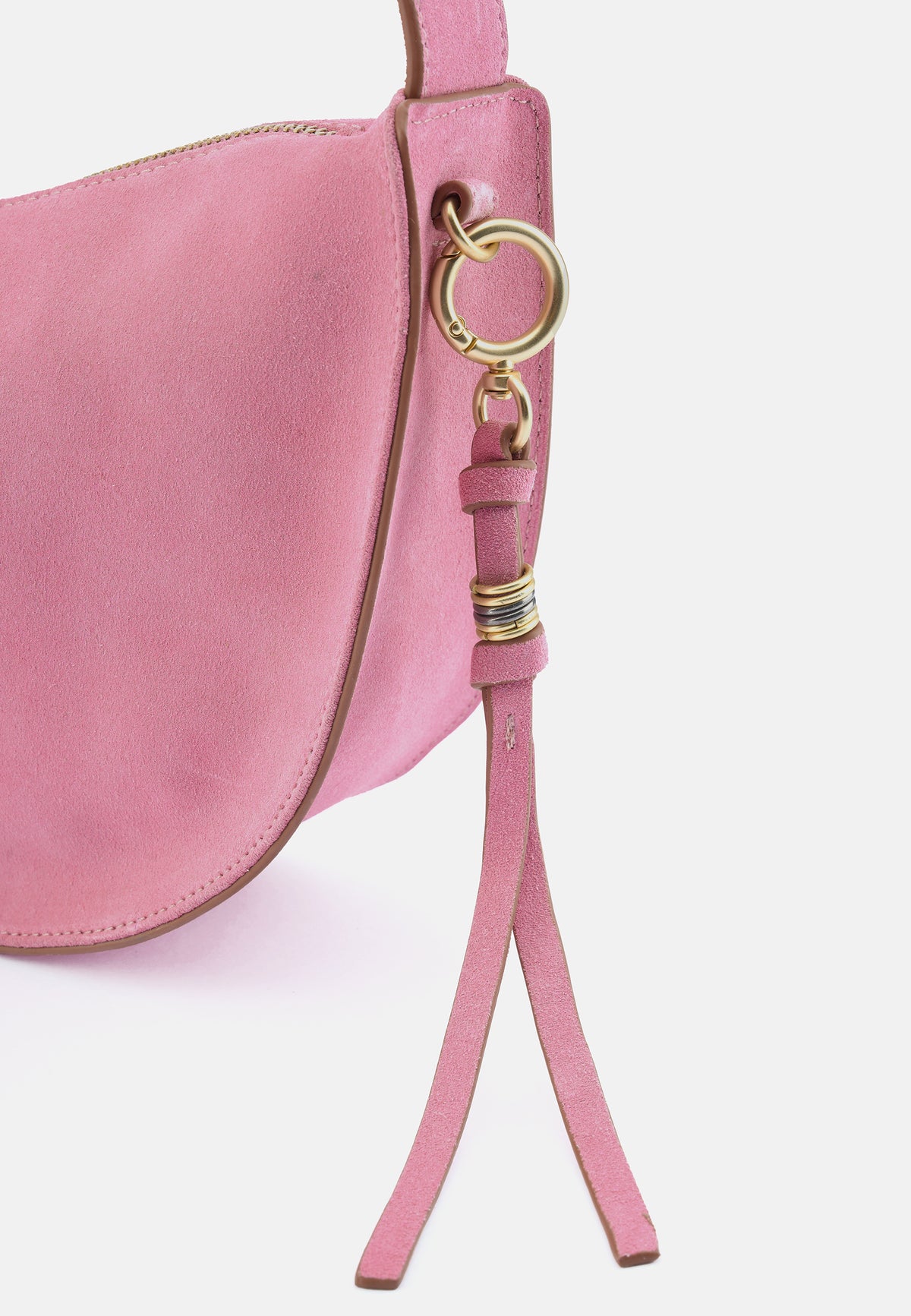 Rosa Schultertasche mit goldfarbenem Ringverschluss und verstellbarem Riemen mit Quasten