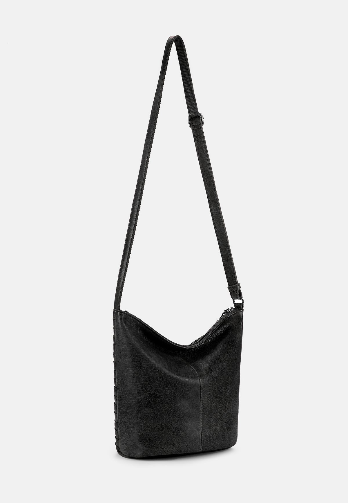Schwarze Beuteltasche mit Schulterriemen und abgerundeter Form, schlichte Oberfläche