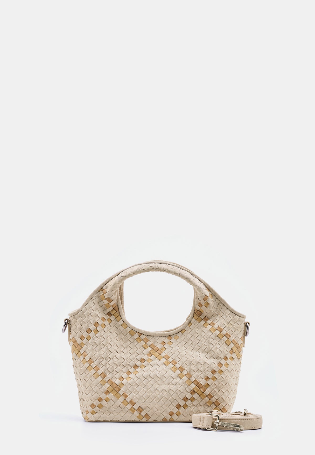 Happy Weave kleine Handtasche aus geflochtenem Bast, beige mit braunen Einsätzen, Henkel