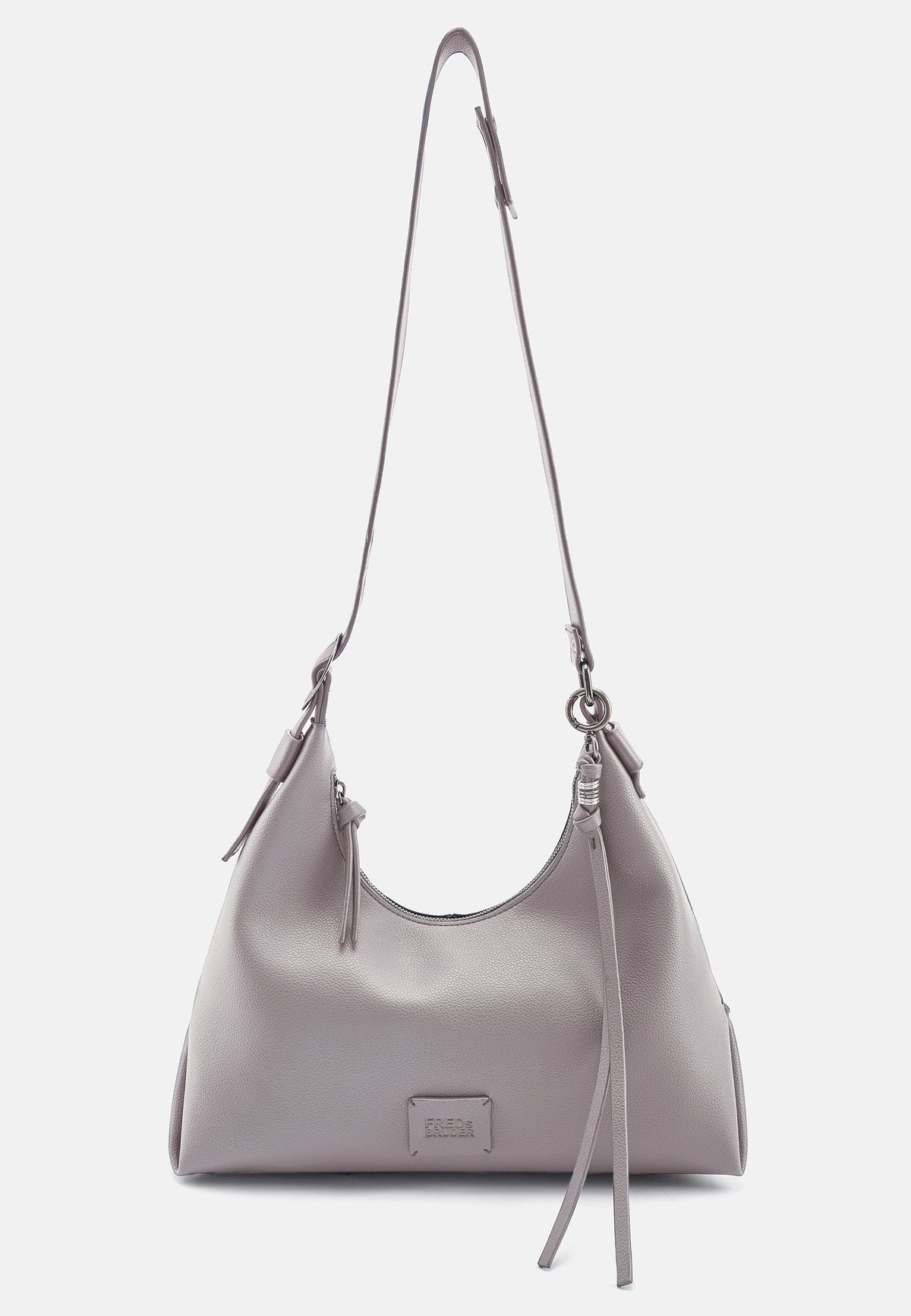 Hobo-Handtasche warmes Grau mit Schnallenriemen und Quasten