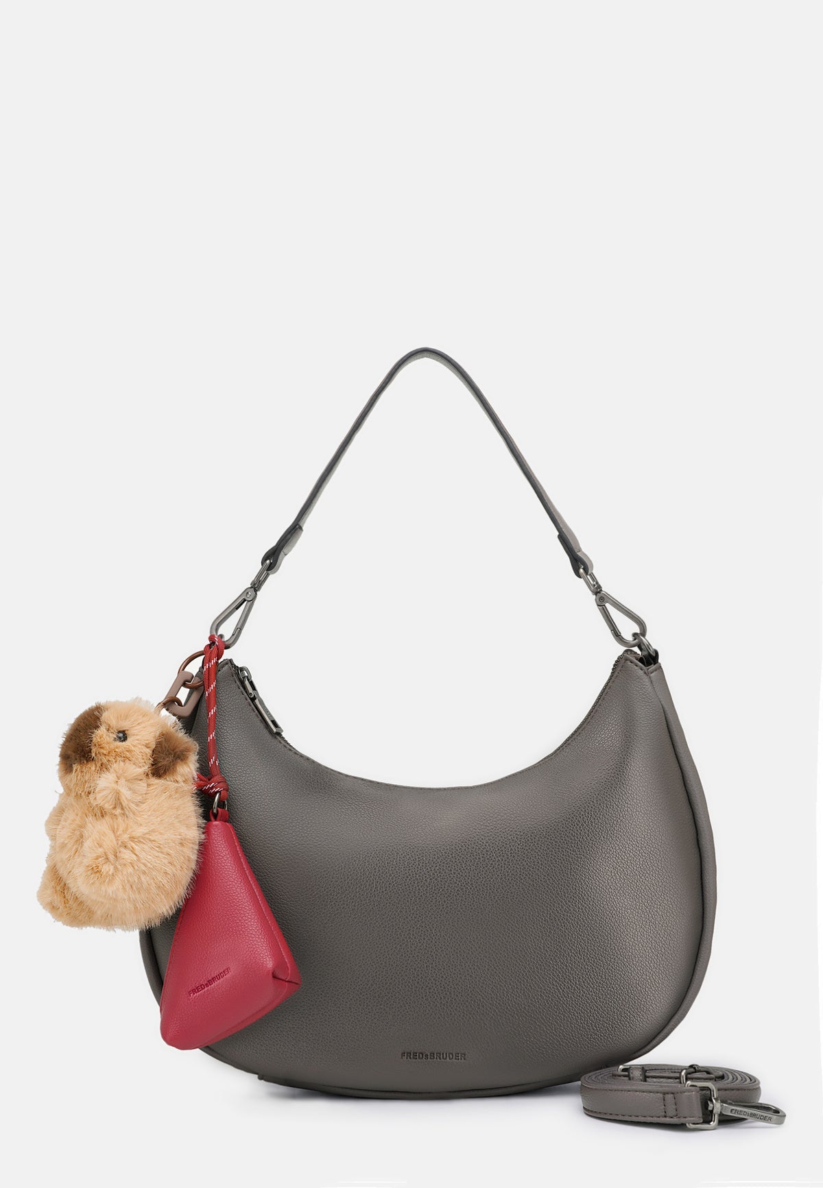 Hobo-Handtasche dunkel mit Schulterriemen, rotem Einsatz und Teddybär-Anhänger