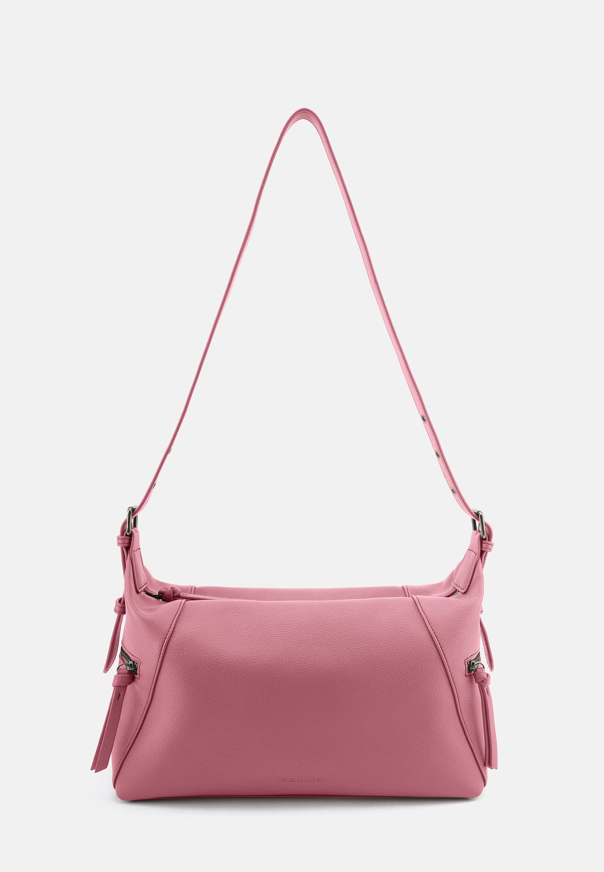 Schultertasche aus Lederimitat in Rosa, Vorderansicht mit Quasten und Reißverschluss