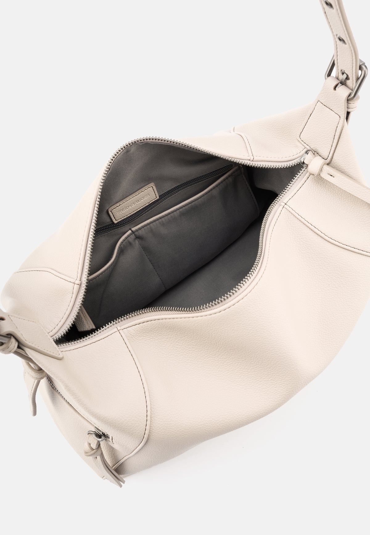 Schultertasche aus Lederimitat in Hellbeige, Innenfutter sichtbar mit Reißverschluss