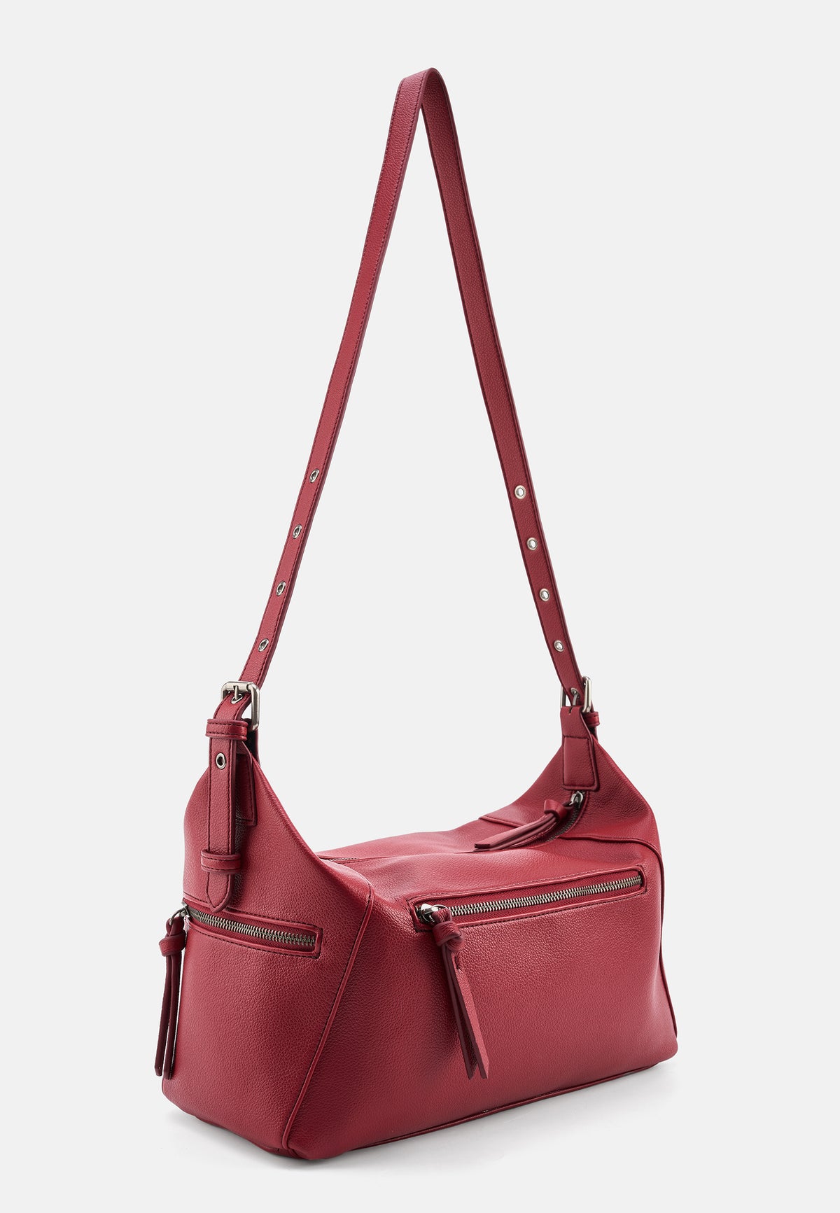 Schultertasche aus Lederimitat in Bordeauxrot mit Frontzip und Schulterriemen mit D-Ringen
