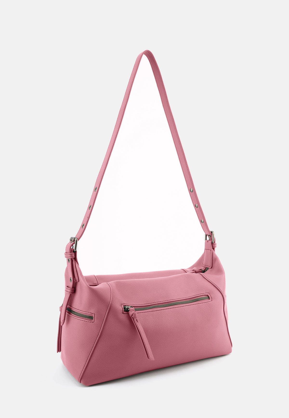 Schultertasche aus Lederimitat in Rosa, Vorderansicht mit Fronttasche und Schulterriemen