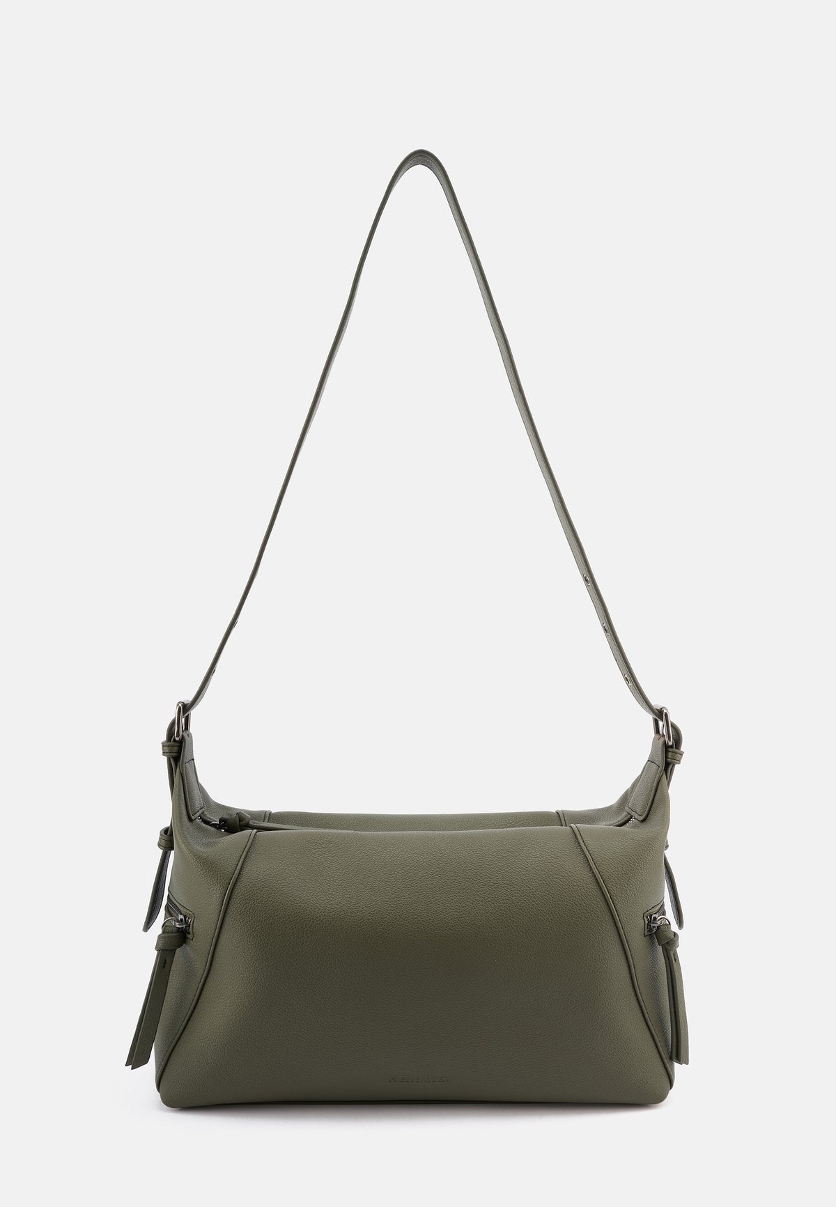 Schultertasche aus Lederimitat in Olivgrün, Vorderansicht mit Quasten und Reißverschluss