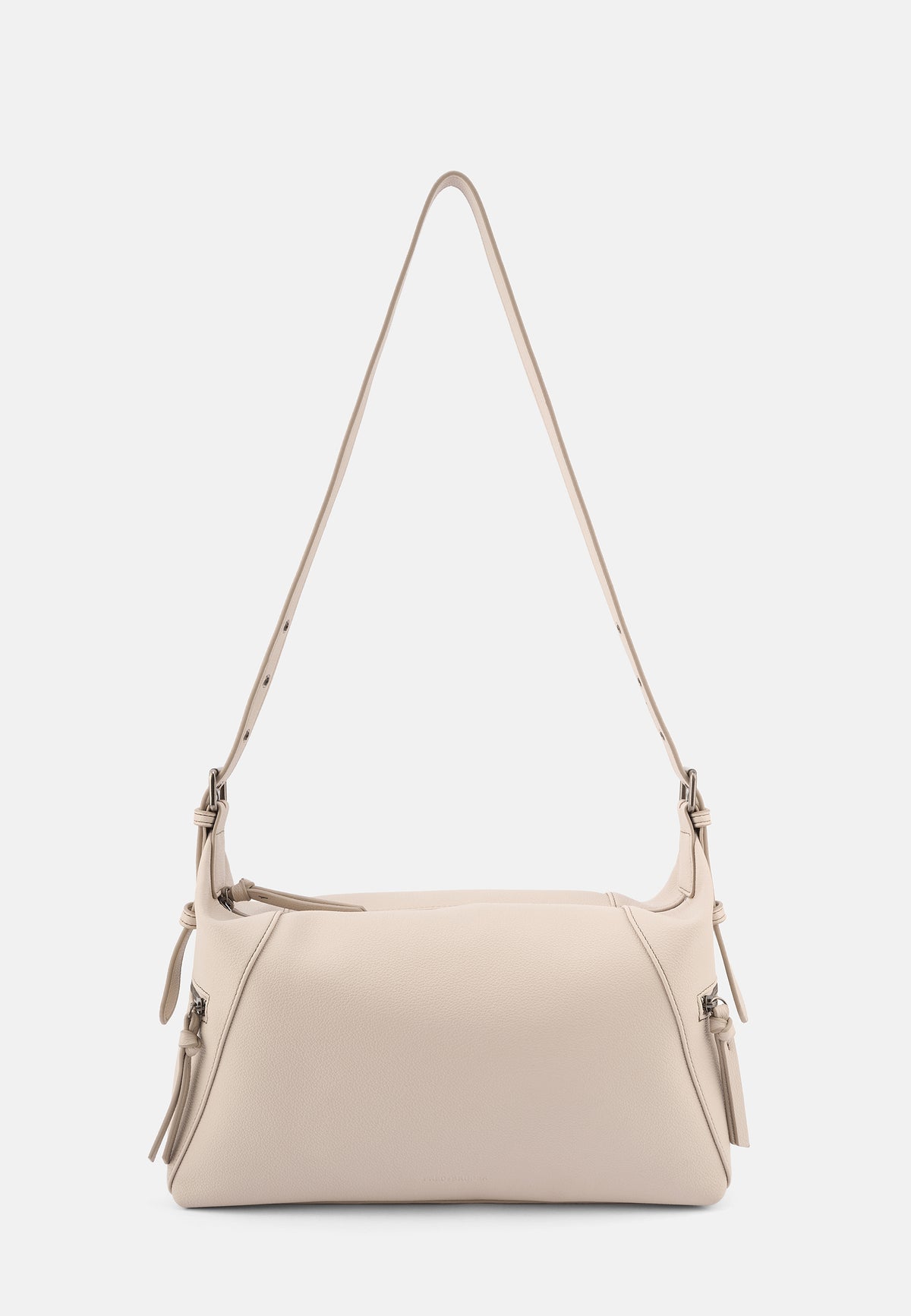 Schultertasche aus Lederimitat in Hellbeige, Vorderansicht mit Reißverschluss am Riemen