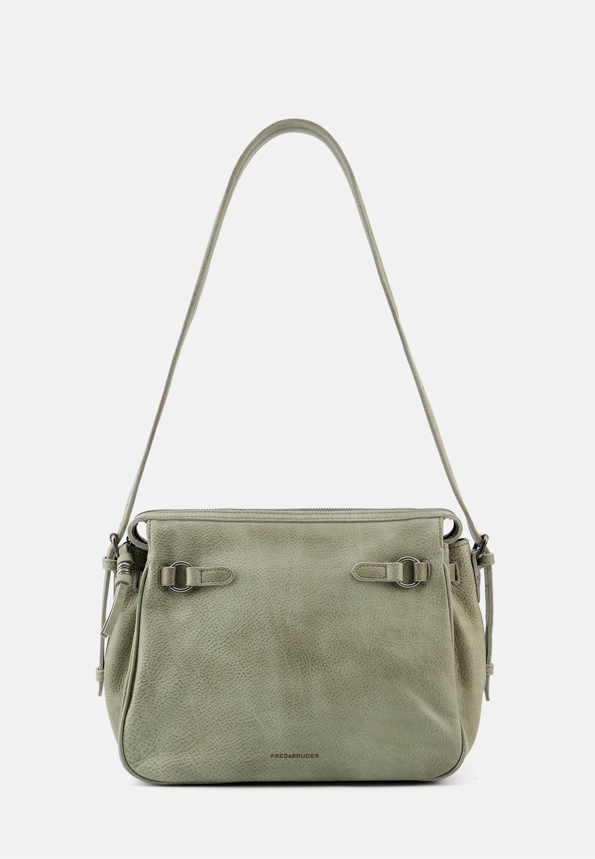Schultertasche Leaf in hellem Olivton mit Reißverschlussfach und zwei Metall-Schnallen vorne
