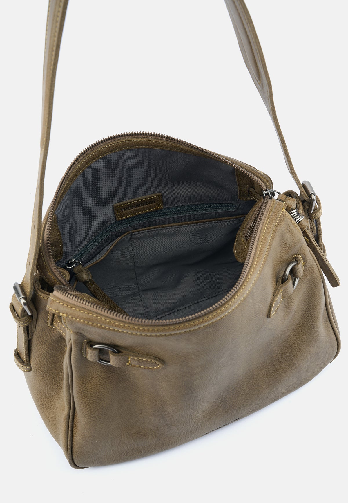 Beige Schultertasche mit geöffnetem Innenfach, Reißverschluss und Zugbändern