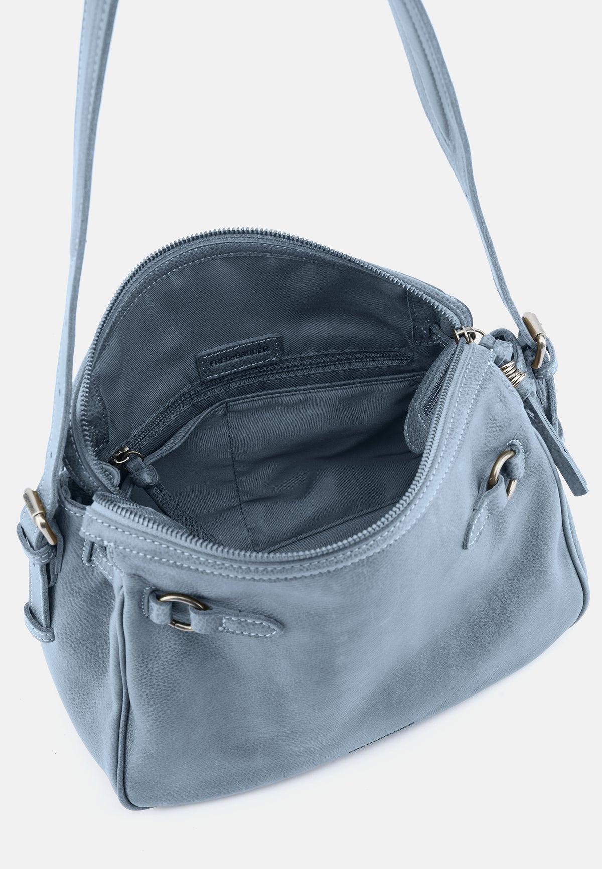 Schultertasche Cool Blue, offenes Innenfach mit Reißverschluss und Ziernähten