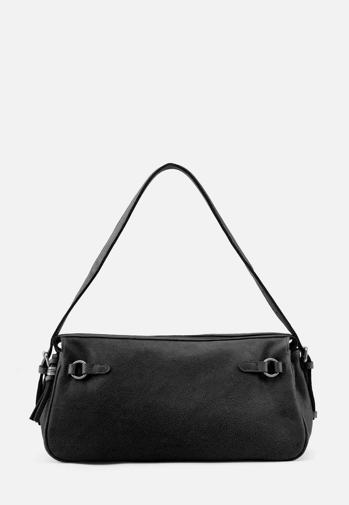 Dunkle Schultertasche mit kurzem Henkel, Schnallenverschluss und Reißverschlussfach vorn.