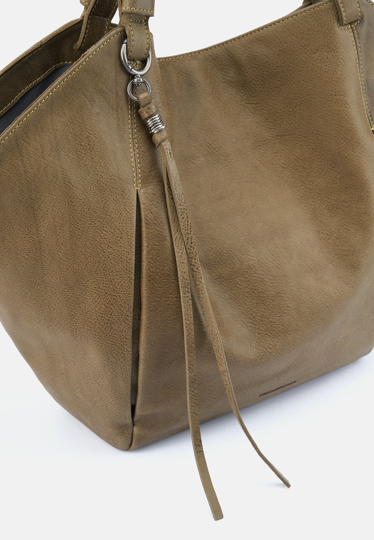Beiger Tulpen-Shopper mit Quaste, Karabiner und gesticktem Taschenrand