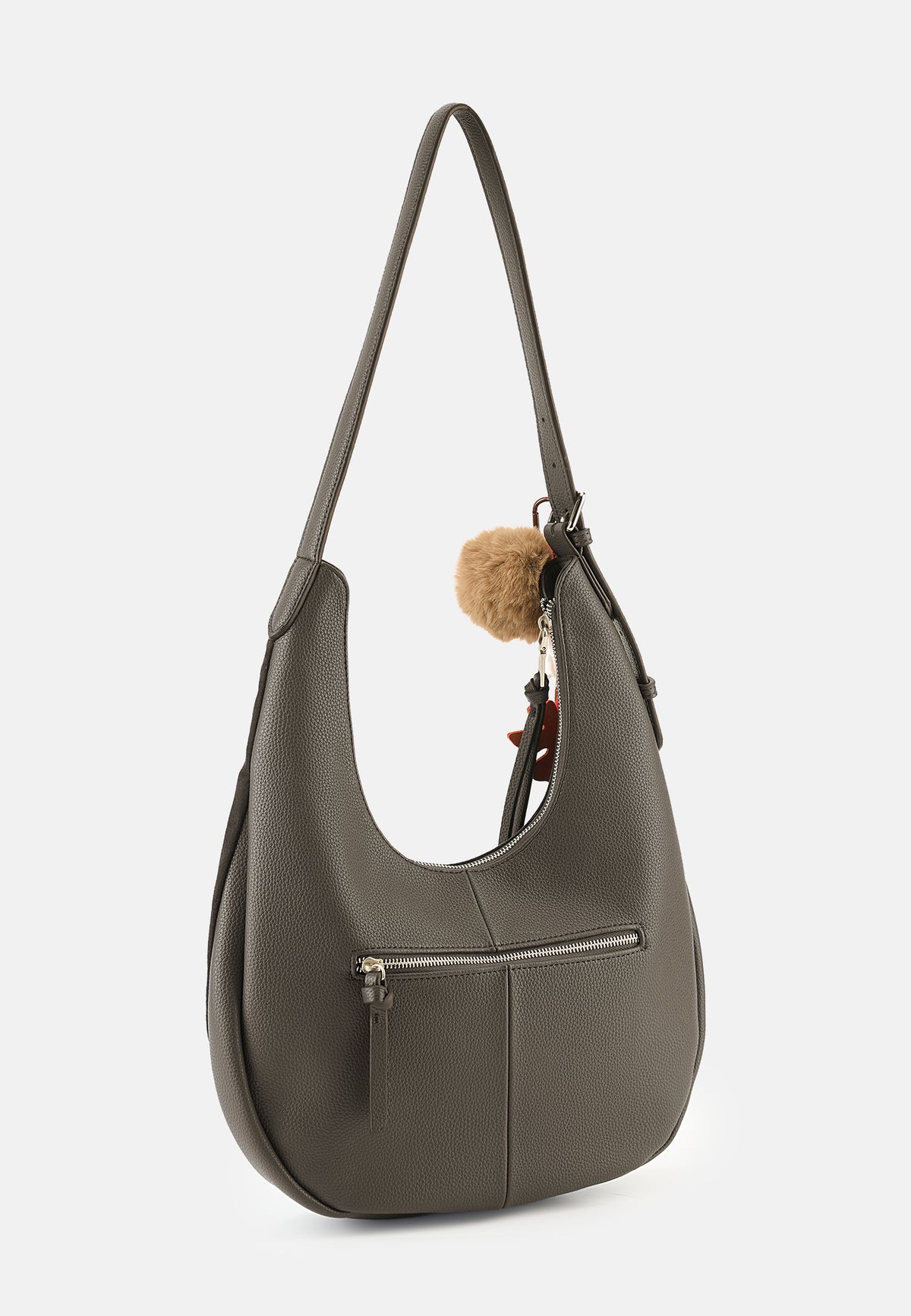 Softie-Hobo-Tasche, dunkles Material, vorderes Reißverschlussfach, Pompon-Anhänger