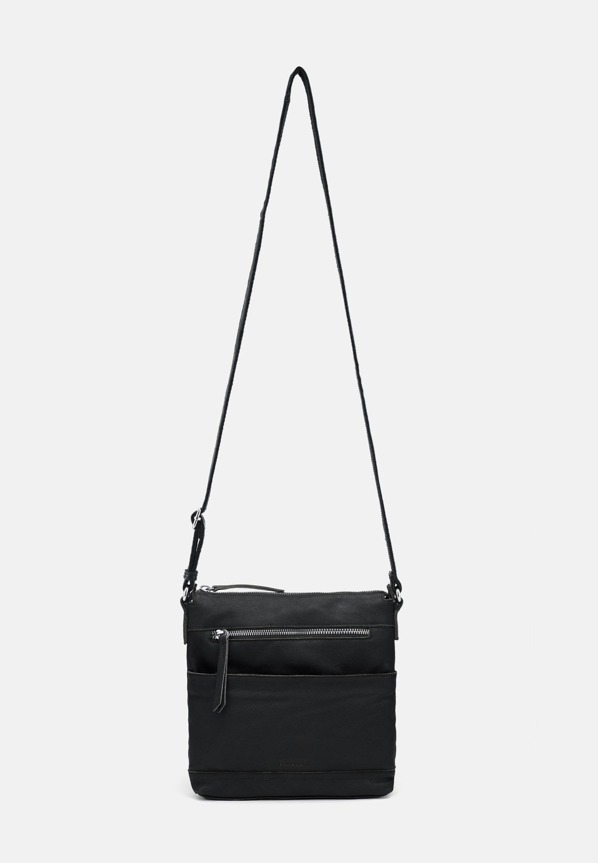 Schwarze Crossbody-Tasche mit Reißverschlussfächern und verstellbarem Schulterriemen