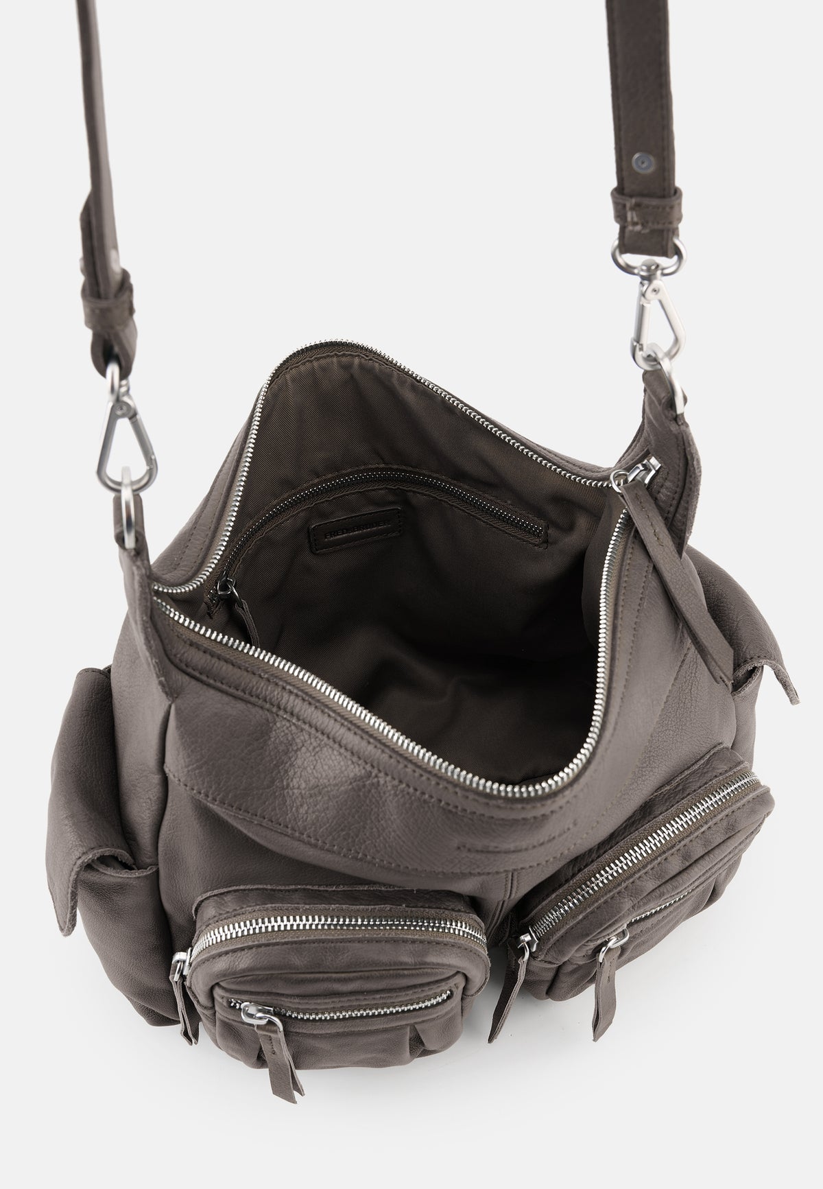 Dunkelgraue Hobo-Tasche mit geöffnetem Innenfach, Reißverschluss und vorderem Taschenfach