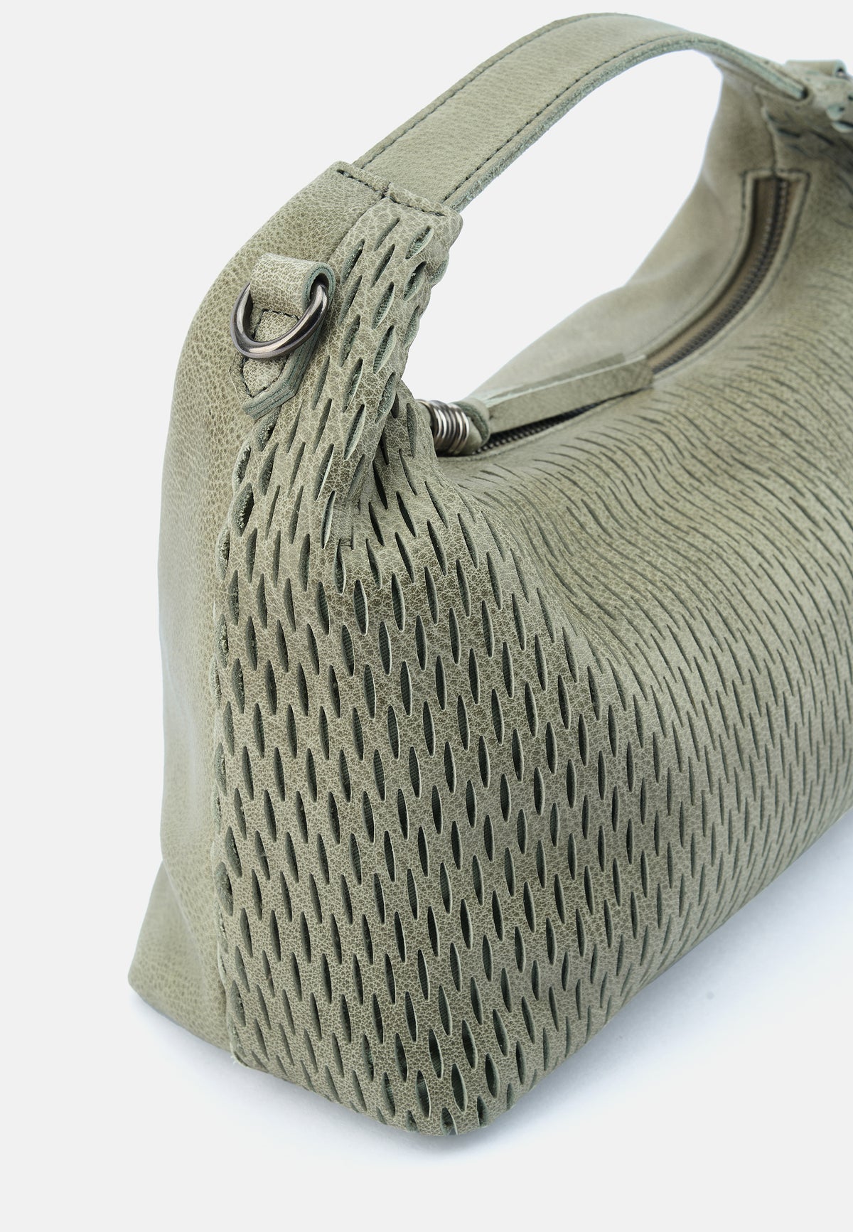 Olivgrüne Handtasche mit Relief-Struktur und Kordelhenkel, Metallöse am Griff
