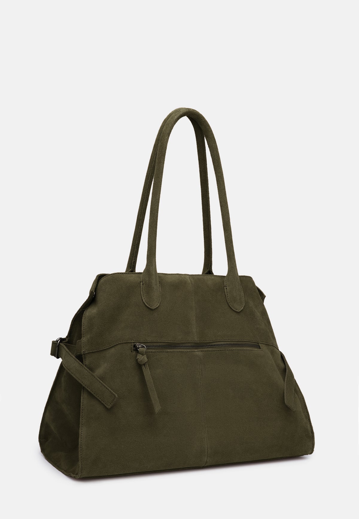 Shopper-Tasche aus Stoff in dunkelgrün mit kurzen Griffen und Fronttaschen