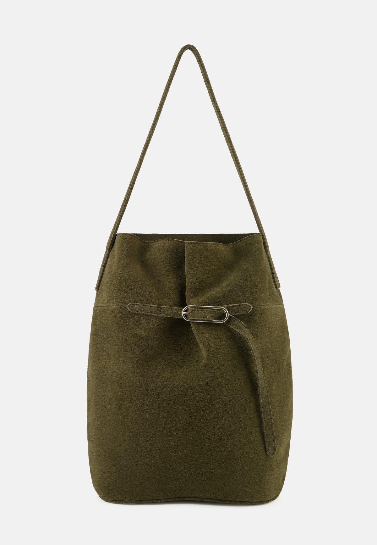 Hobo-Tasche aus Veloursleder in Olivgrün mit Tragegurt und Metallschnalle vorn