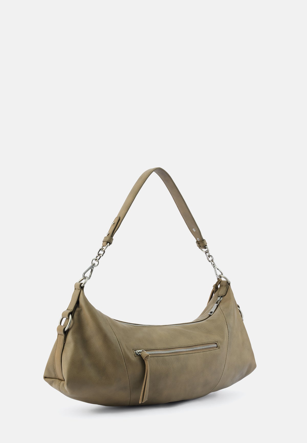 Stay With Me große Schultertasche, olivfarbene Hobo-Form mit Reißverschluss-Vortasche