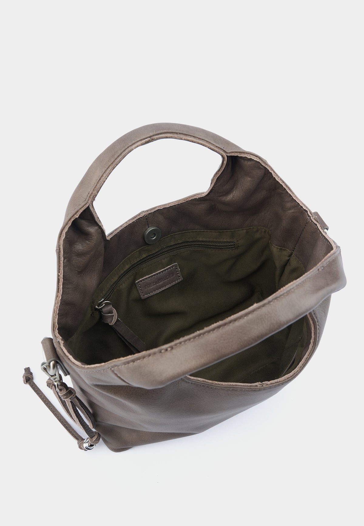 Handtasche (matschig Khaki-Braun) offen: Innenfutter mit Reißverschlussfach