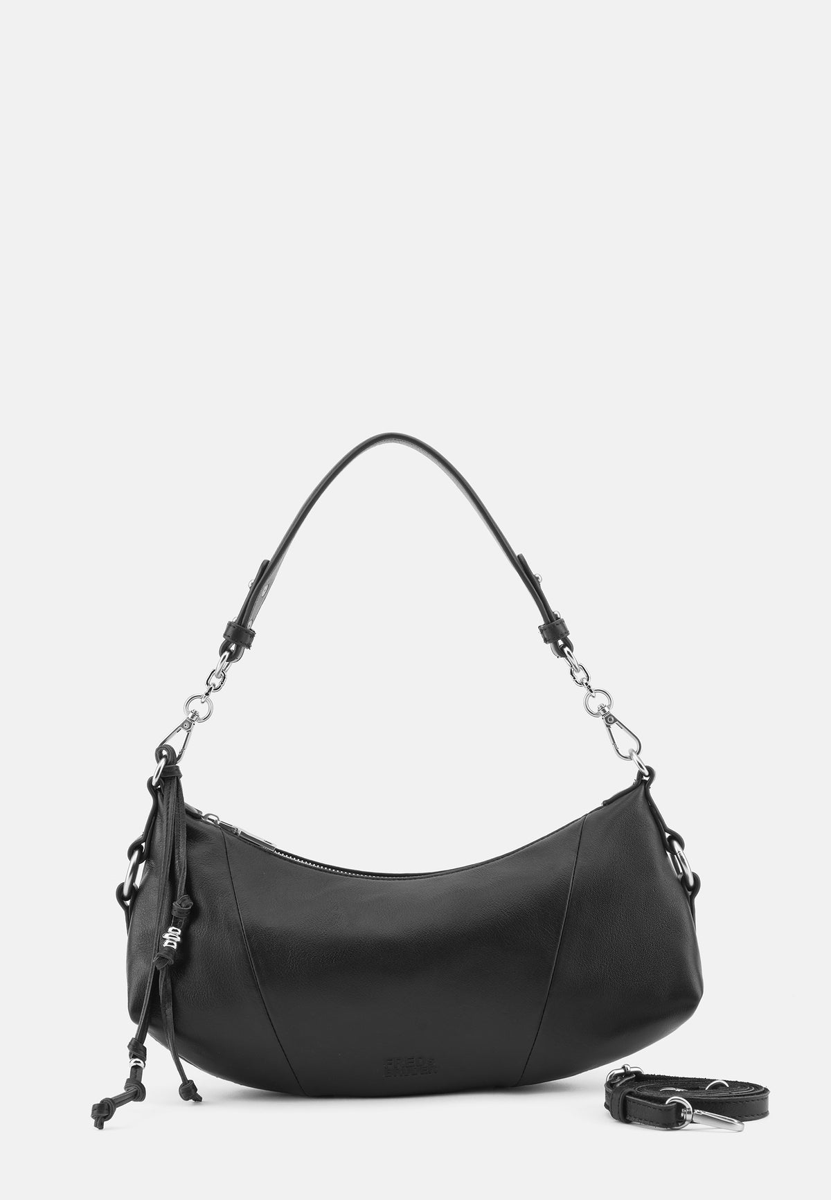 Schultertasche im Hobo-Design, schwarz, mit Kettenriemen und Zugverschluss vorne
