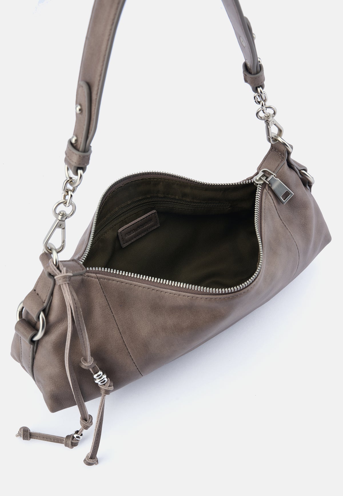 Innenansicht Schultertasche Grau-Khaki mit Reißverschluss und Steckfach im Taschenkörper