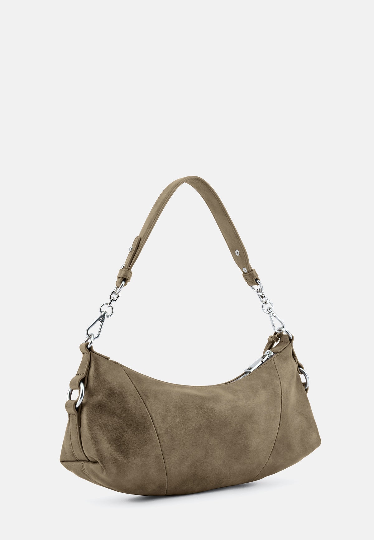 Midi-Schultertasche aus Wildlederoptik in Khaki, halbmondförmig, mit Kettenhenkeln