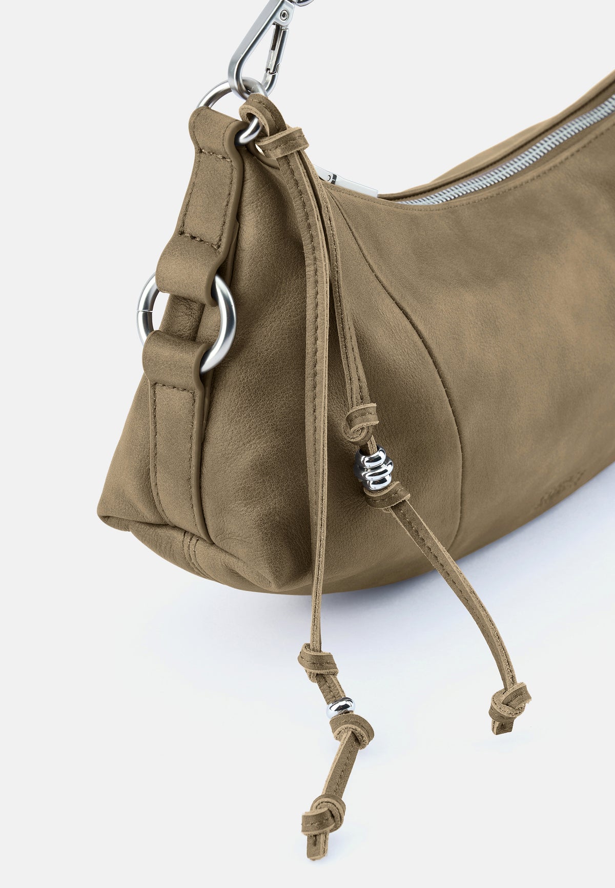 Khaki Midi-Schultertasche mit Kettenhaken, seitlichem Reißverschluss und Riemen