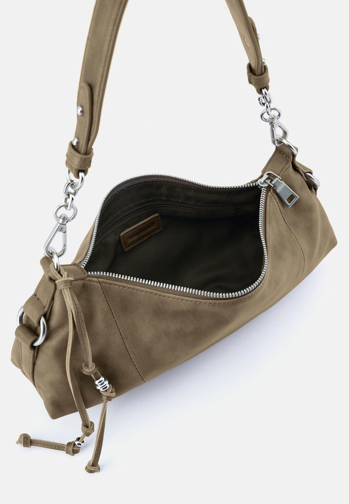 Midi-Schultertasche Khaki mit geöffnetem Innenfach (Reißverschluss) und Kettenhenkeln