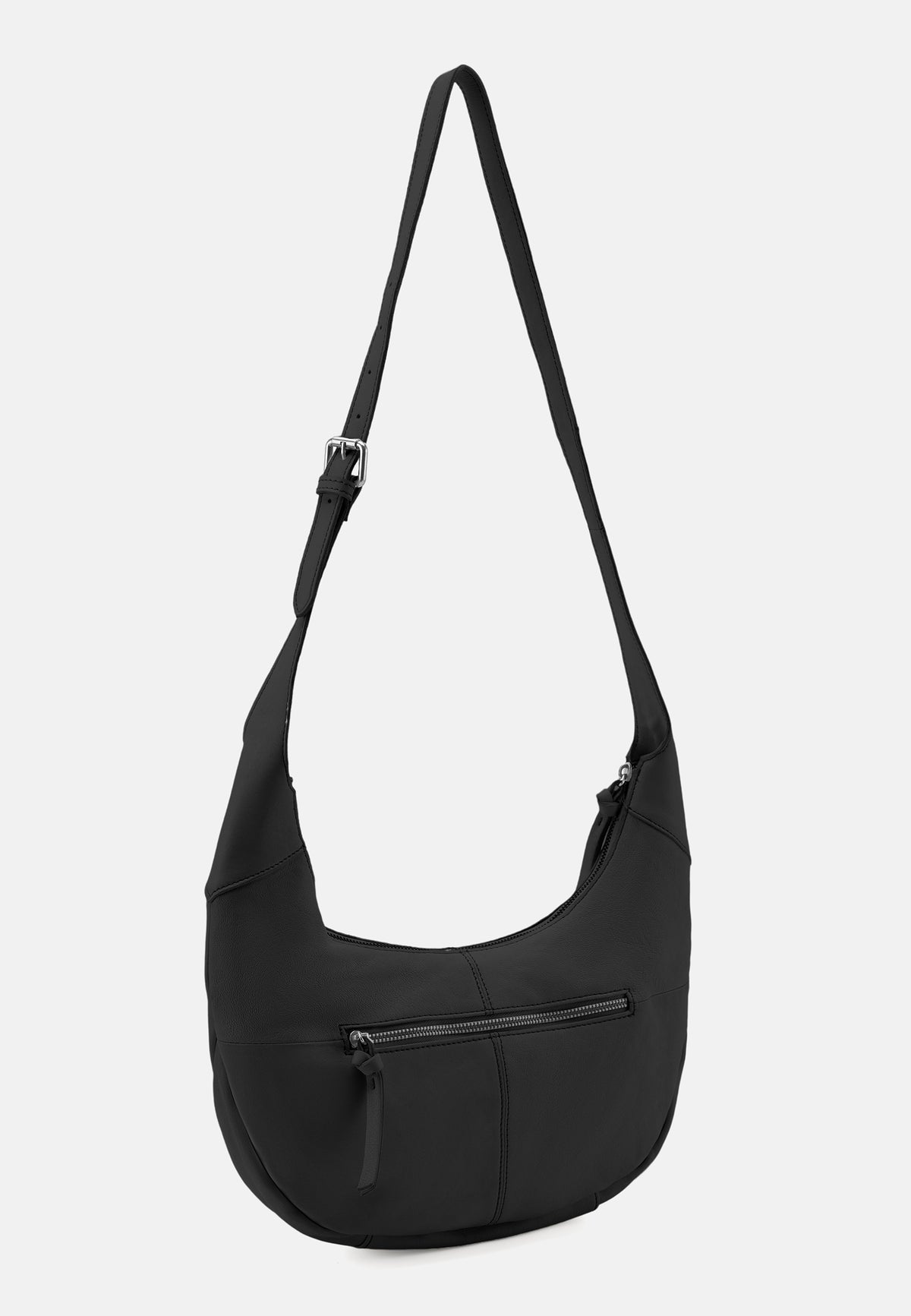 Schwarze Hobo-Tasche mit Front-Reißverschlussfach und breitem Schultergurt