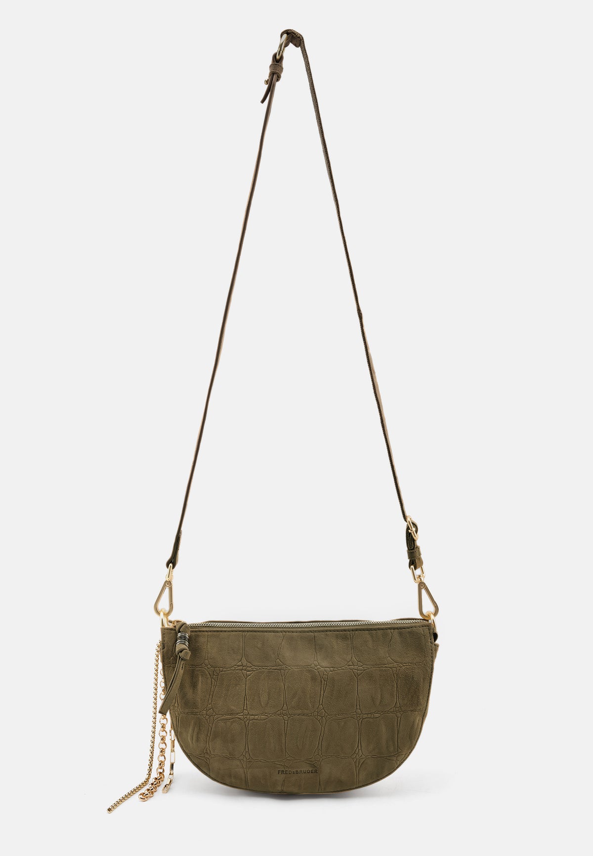 Khakifarbene Crossbody-Tasche aus Samt mit abgerundeter Form und Kettenriemen