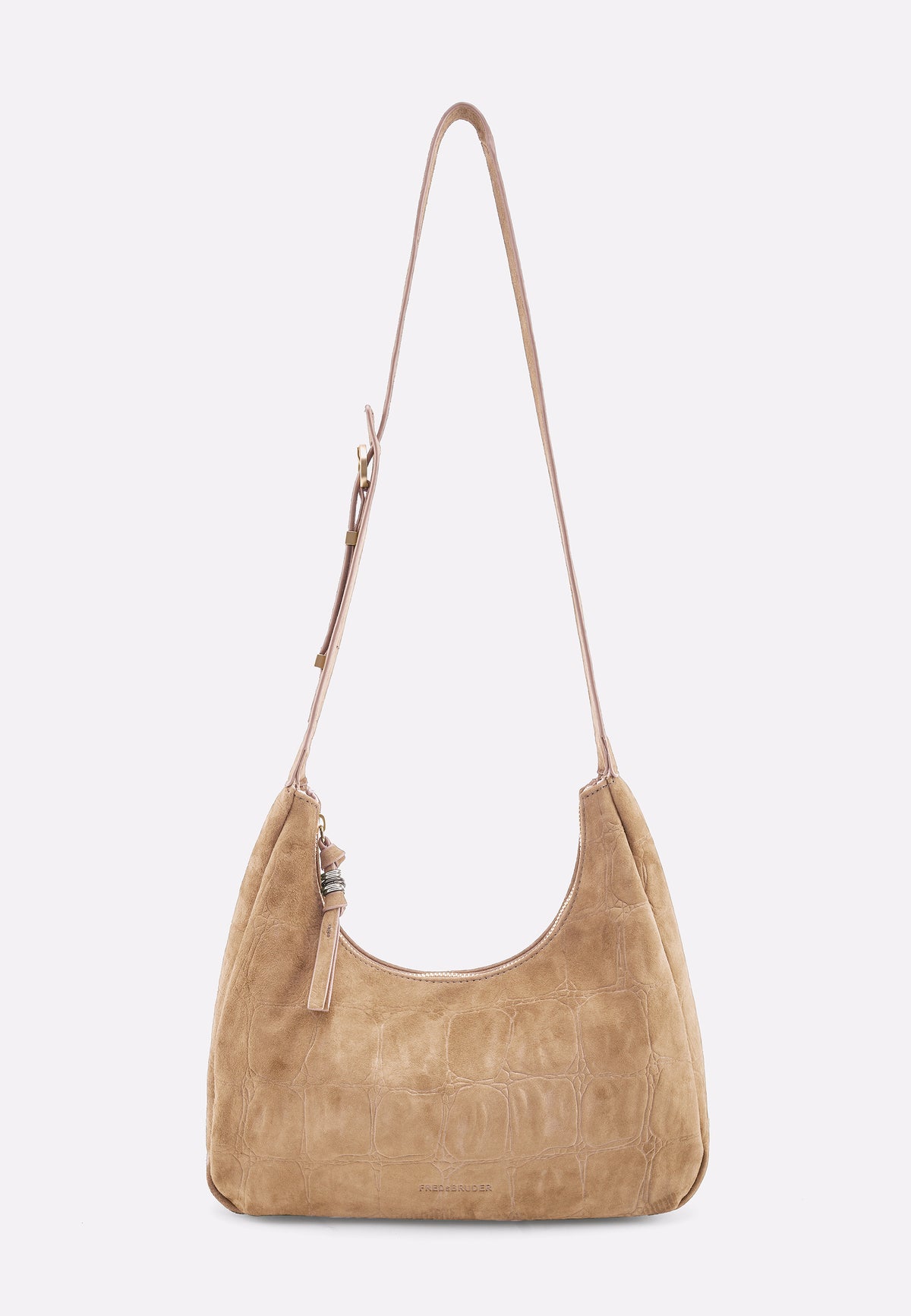 Midi-Hobo-Tasche aus Veloursleder in Camel mit Schulterriemen und Reißverschlussfach