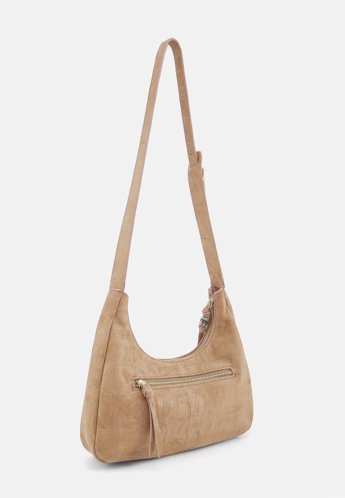 Midi-Hobo-Tasche aus Veloursleder in Camel mit Außen-Reißverschluss und breitem Schlaufenriemen