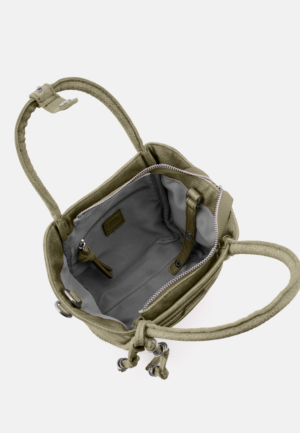 All-In-Layer Handtasche Olivgrün, geöffnet: Innenfutter und Reißverschluss am Fach