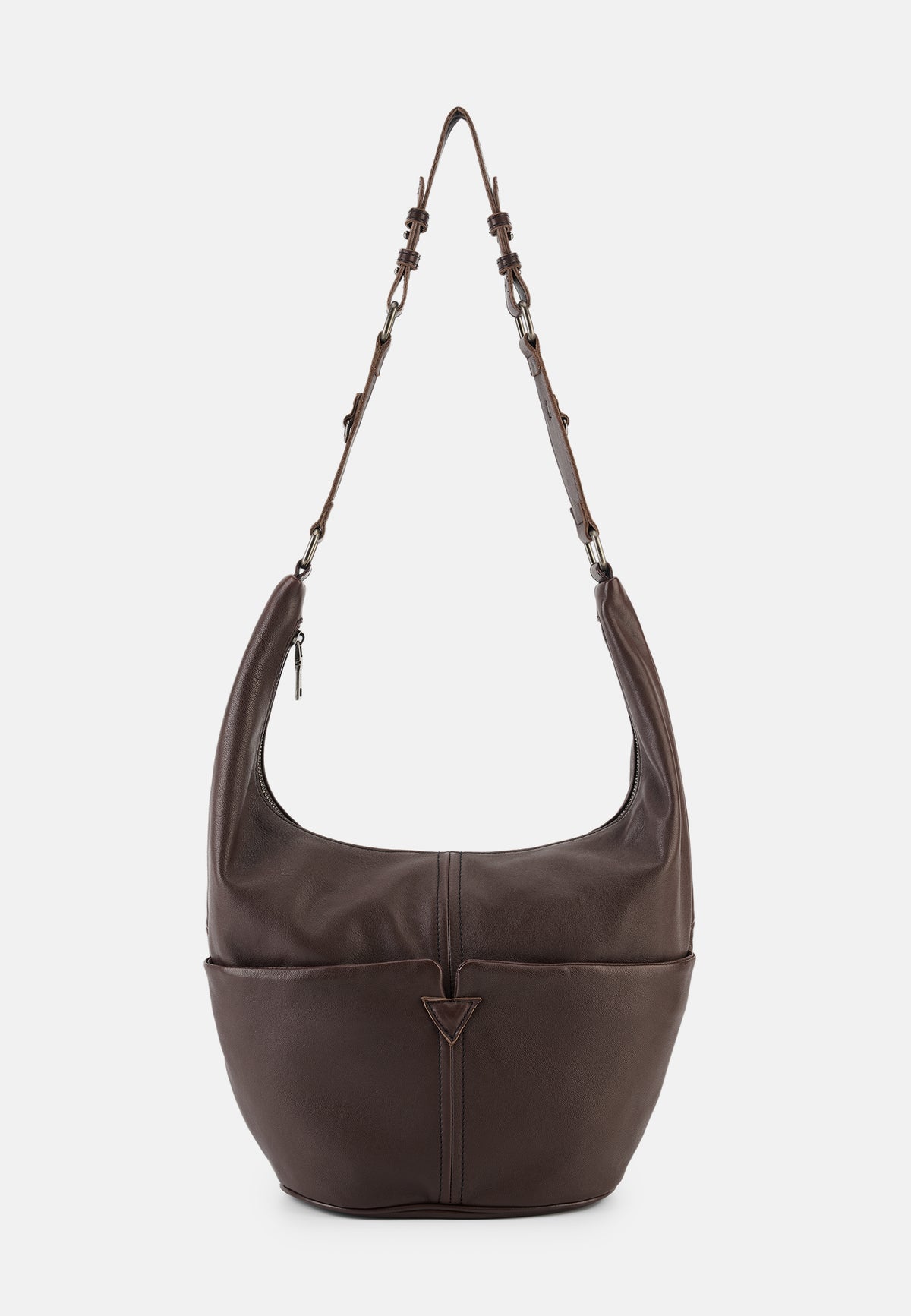 Hobo-Tasche, schokoladenbraun, mit zwei Trägern und Logo-Dreieck am Frontbereich