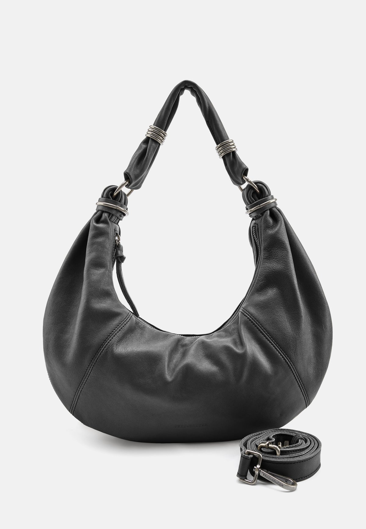 Schwarze Hobo-Tasche mit breiten Griffen, Ringdetails und kurzem Umhängegurt