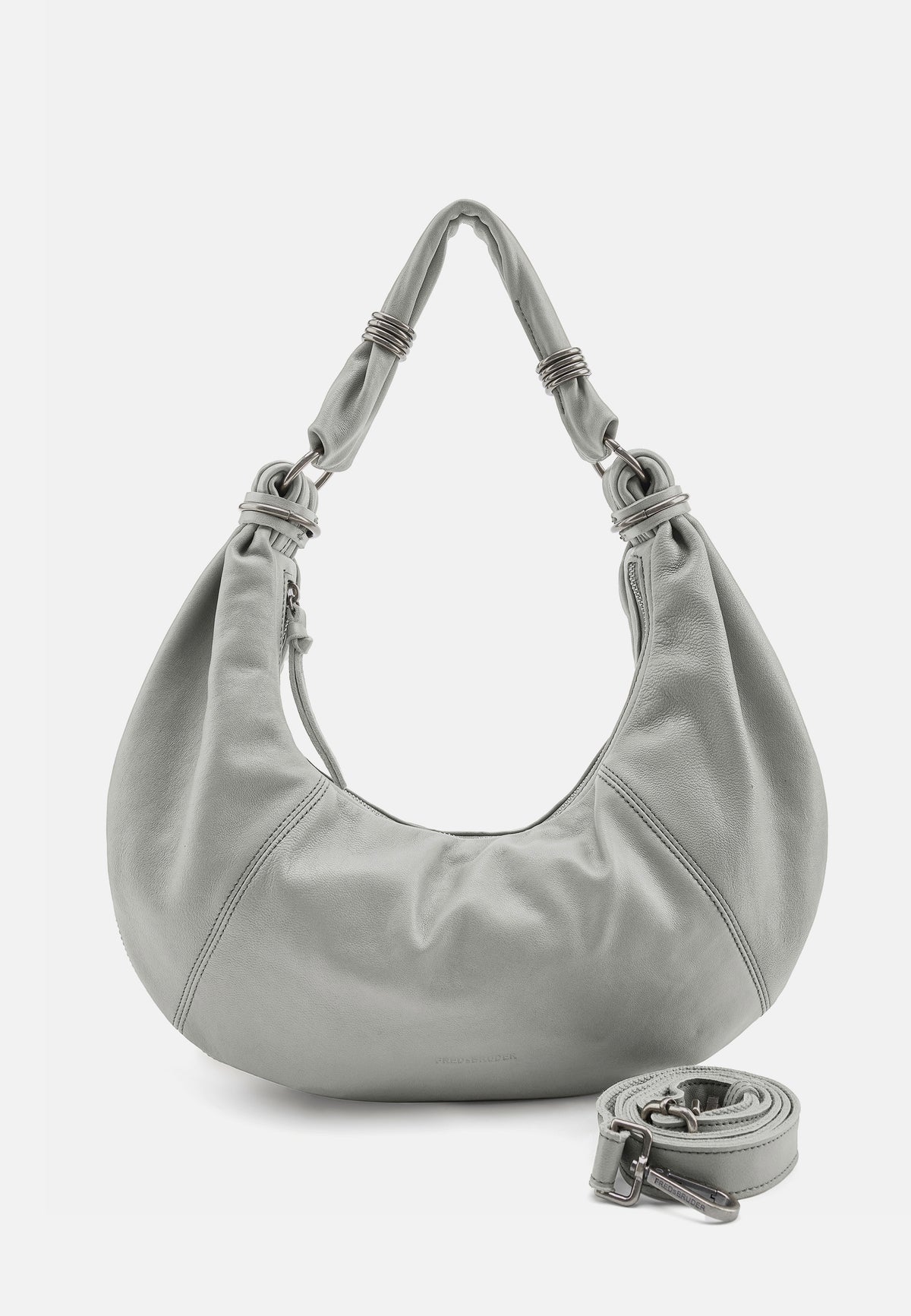 Graue Hobo-Tasche mit breiten Griffen, Ringdetails und kurzem Umhängegurt