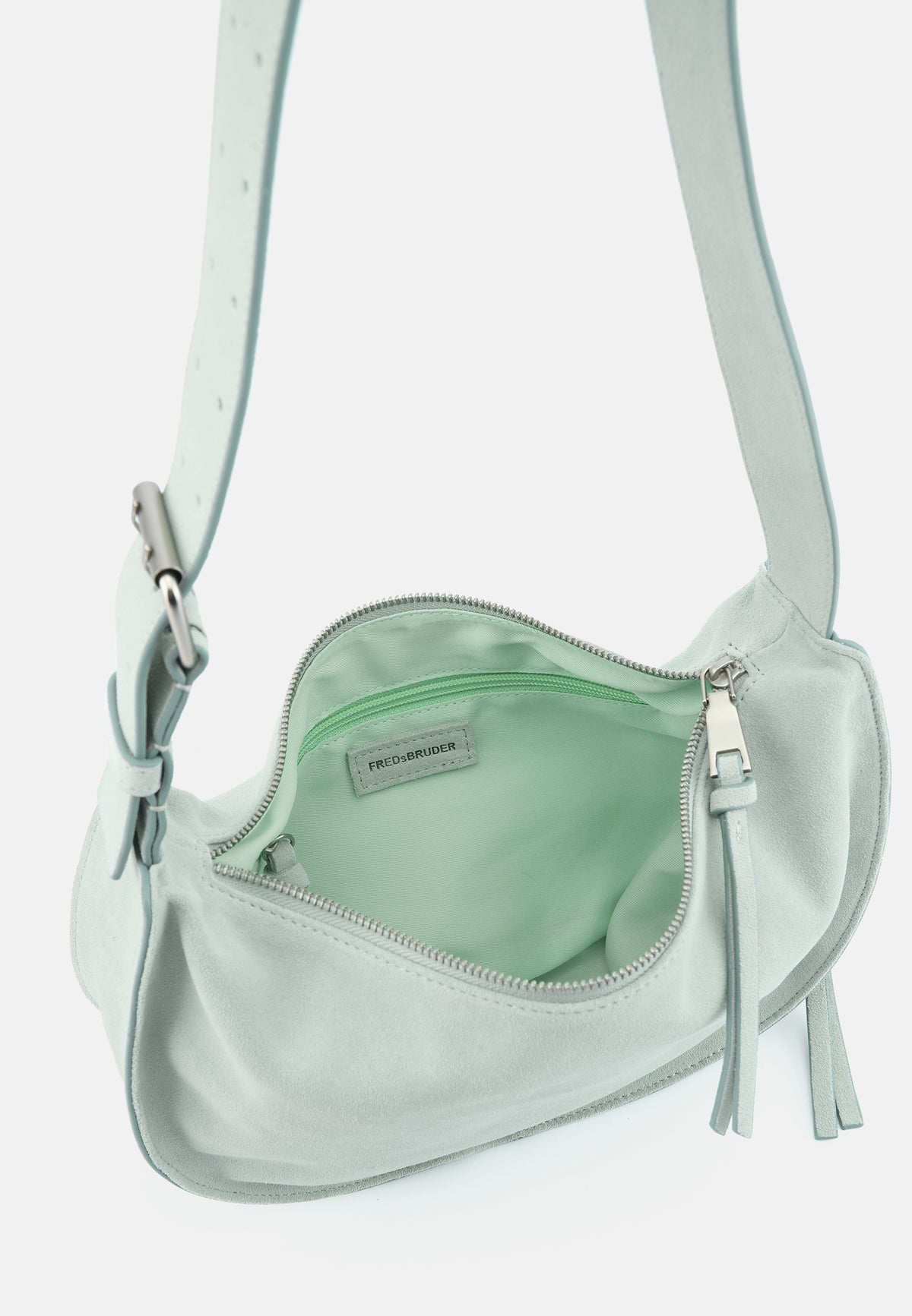 Pastellmintfarbene Midi-Schultertasche innen mit Reißverschluss und kleinem Innenlabel