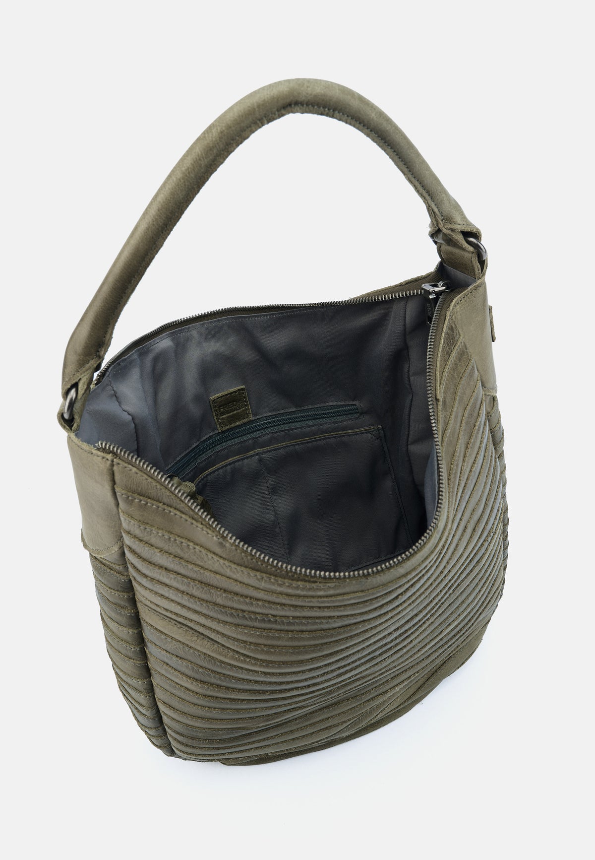 Hobo-Tasche in Olivgrün mit sichtbarer Innenfächerung und Reißverschluss