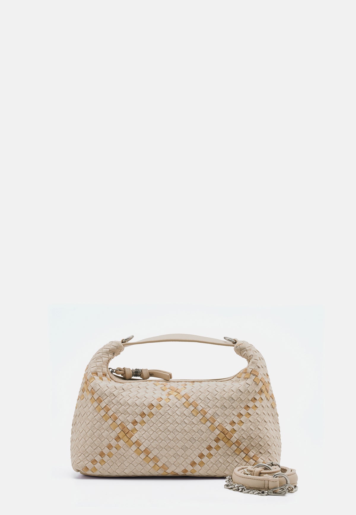 Happy Weave Umhängetasche aus Flechtgewebe, beige mit braunen Mustereinlagen