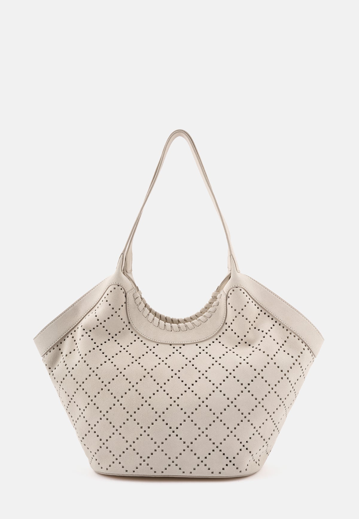 Beuteltasche in Creme mit rautenförmigem Nietenmuster und breitem Henkel