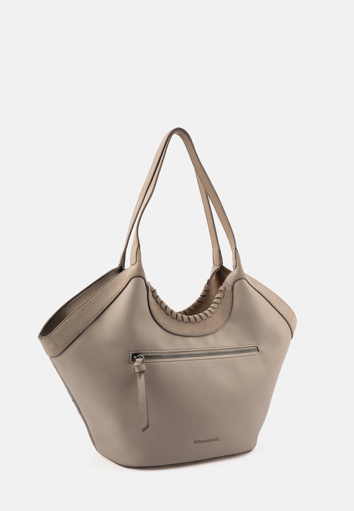 Shoper-Tasche in Taupe mit Front-Reißverschlussfach und seitlichem Zugband